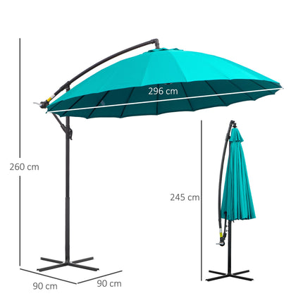 3m Cantilever Shanghai Parasol Garden Hanging Banana Sun Umbrella with Crank Handle, 18 Ribs and Cross Base - Turquoise