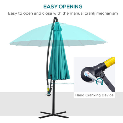 3m Cantilever Shanghai Parasol Garden Hanging Banana Sun Umbrella with Crank Handle, 18 Ribs and Cross Base - Turquoise