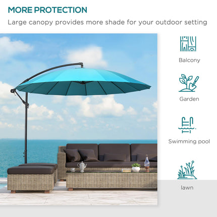 3m Cantilever Shanghai Parasol Garden Hanging Banana Sun Umbrella with Crank Handle, 18 Ribs and Cross Base - Turquoise