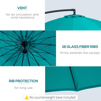 3m Cantilever Shanghai Parasol Garden Hanging Banana Sun Umbrella with Crank Handle, 18 Ribs and Cross Base - Turquoise