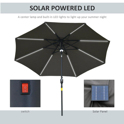 2.7m Garden Parasol with Solar LED Lights and Tilt Function - Grey