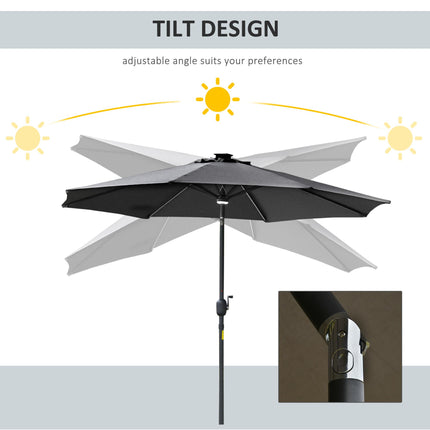 2.7m Garden Parasol with Solar LED Lights and Tilt Function - Grey