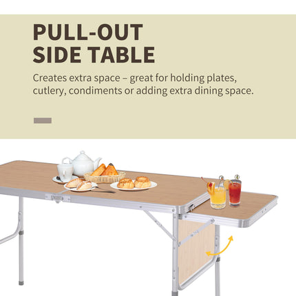 4ft Folding Portable Outdoor Table with Pull-Out Side Table Aluminium Frame - Silver