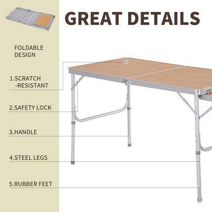 4ft Folding Portable Outdoor Table with Pull-Out Side Table Aluminium Frame - Silver