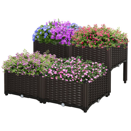 Set of 4 Self-Watering Raised Garden Bed Planters with Rattan-Effect - Brown
