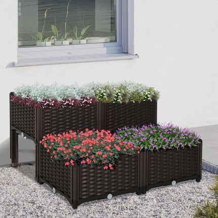 Set of 4 Self-Watering Raised Garden Bed Planters with Rattan-Effect - Brown
