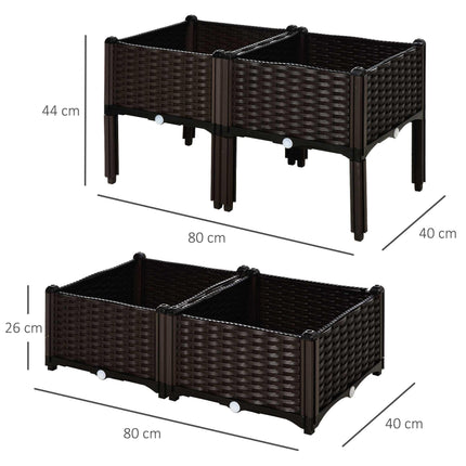 Set of 4 Self-Watering Raised Garden Bed Planters with Rattan-Effect - Brown