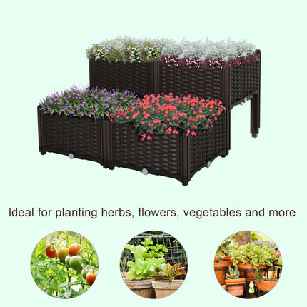 Set of 4 Self-Watering Raised Garden Bed Planters with Rattan-Effect - Brown