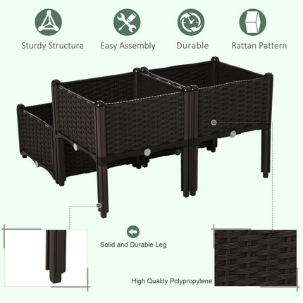 Set of 4 Self-Watering Raised Garden Bed Planters with Rattan-Effect - Brown