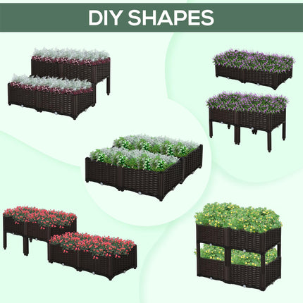 Set of 4 Self-Watering Raised Garden Bed Planters with Rattan-Effect - Brown