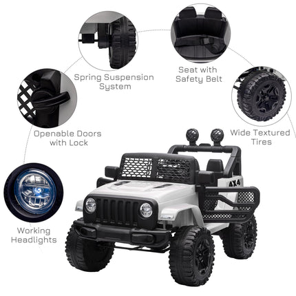 12V Battery-Powered Kids Electric Ride-On Off-Road Truck with 2 Motors, Remote Control, Horn & Lights for Ages 3-6 - White