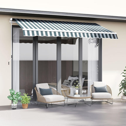 Retractable Garden Patio Awning Canopy with Manual Crank for Sun Protection - Green and White