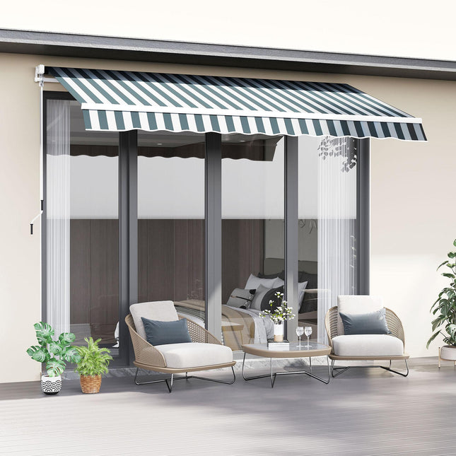 Retractable Garden Patio Awning Canopy with Manual Crank for Sun Protection - Green and White