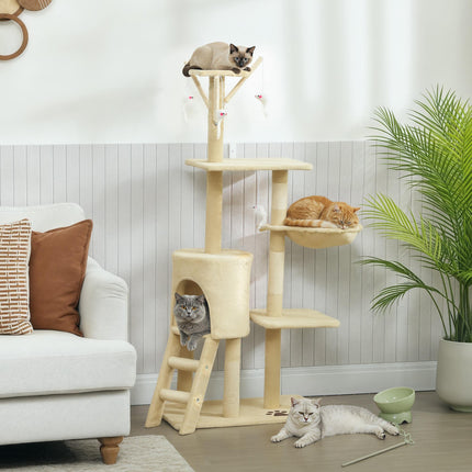 Multi-Level Cat Tree with Scratching Post, Ladder, Cat House, Beige