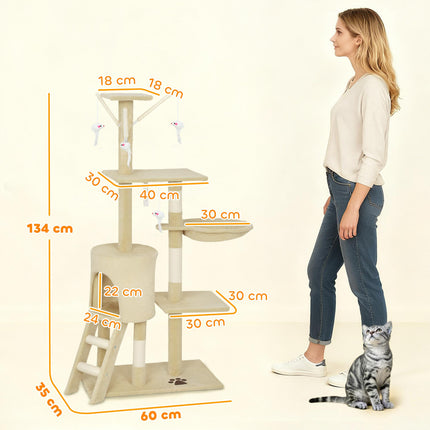 Multi-Level Cat Tree with Scratching Post, Ladder, Cat House, Beige