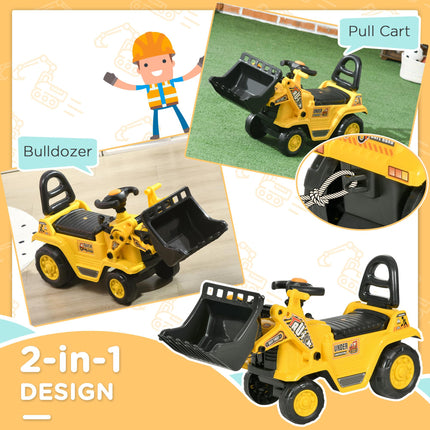 NO POWER 3-in-1 Ride On Toy Bulldozer Digger Tractor Pulling Cart - Yellow
