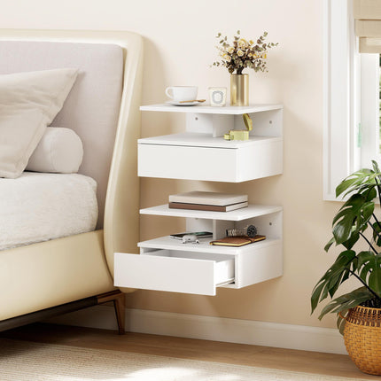 Set of 2 Floating Bedside Cabinets with Drawer and Shelf - White