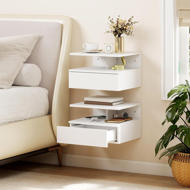 Set of 2 Floating Bedside Cabinets with Drawer and Shelf - White