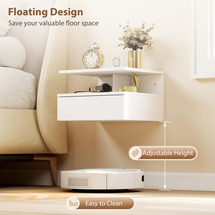 Set of 2 Floating Bedside Cabinets with Drawer and Shelf - White