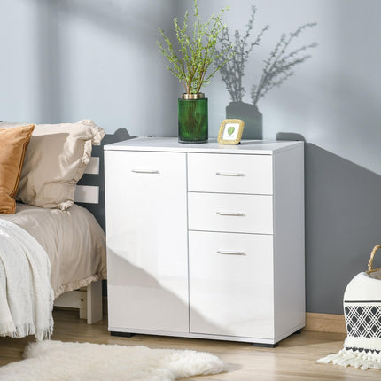 High Gloss Side Cabinet 71x35x76 cm with Drawers and Adjustable Shelf - White