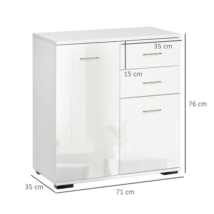High Gloss Side Cabinet 71x35x76 cm with Drawers and Adjustable Shelf - White