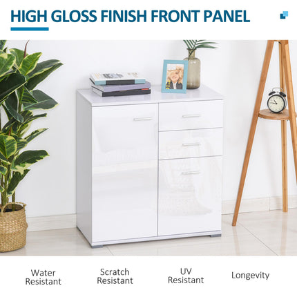 High Gloss Side Cabinet 71x35x76 cm with Drawers and Adjustable Shelf - White