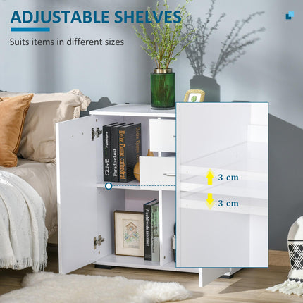 High Gloss Side Cabinet 71x35x76 cm with Drawers and Adjustable Shelf - White