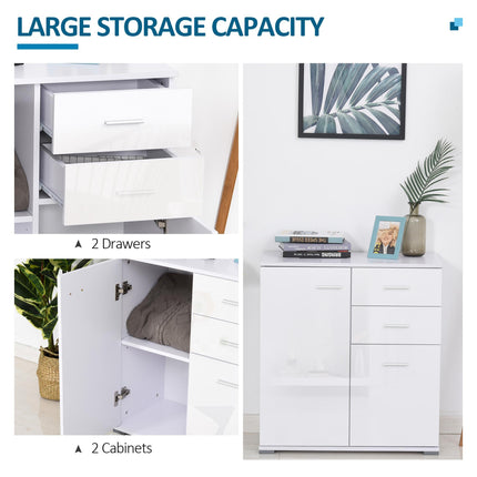 High Gloss Side Cabinet 71x35x76 cm with Drawers and Adjustable Shelf - White
