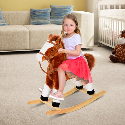 Wooden Rocking Horse with Sound Handle Grip Traditional Toy Fun Gift - Brown