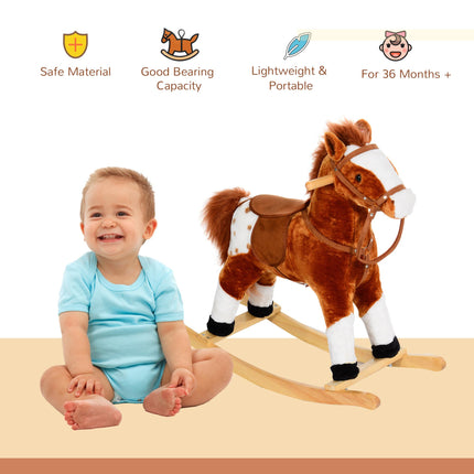 Wooden Rocking Horse with Sound Handle Grip Traditional Toy Fun Gift - Brown