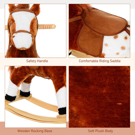 Wooden Rocking Horse with Sound Handle Grip Traditional Toy Fun Gift - Brown