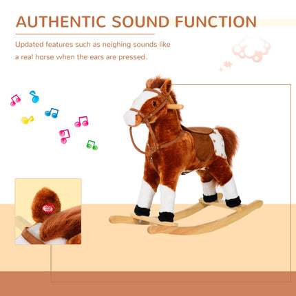 Wooden Rocking Horse with Sound Handle Grip Traditional Toy Fun Gift - Brown
