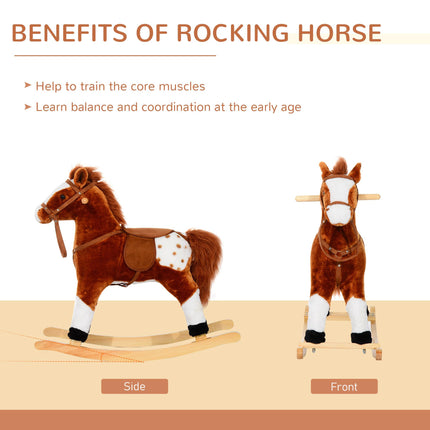Wooden Rocking Horse with Sound Handle Grip Traditional Toy Fun Gift - Brown
