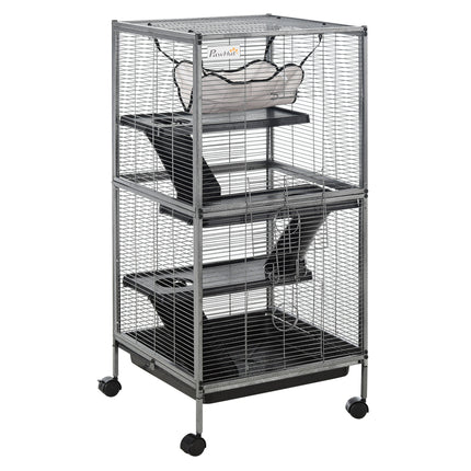 Small Animal Cage with Wheels, 4 Platforms, Hammock & Removable Tray for Chinchillas, Ferrets, Kittens - Silver/Grey