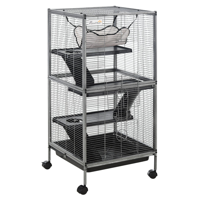 Small Animal Cage with Wheels, 4 Platforms, Hammock & Removable Tray for Chinchillas, Ferrets, Kittens - Silver/Grey