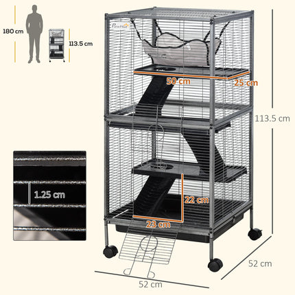 Small Animal Cage with Wheels, 4 Platforms, Hammock & Removable Tray for Chinchillas, Ferrets, Kittens - Silver/Grey