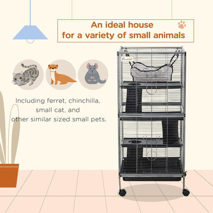 Small Animal Cage with Wheels, 4 Platforms, Hammock & Removable Tray for Chinchillas, Ferrets, Kittens - Silver/Grey