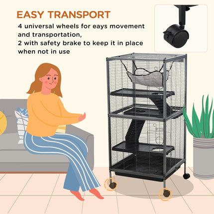 Small Animal Cage with Wheels, 4 Platforms, Hammock & Removable Tray for Chinchillas, Ferrets, Kittens - Silver/Grey