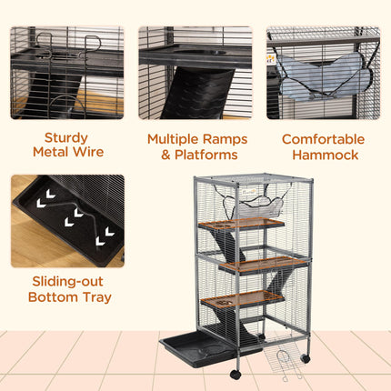 Small Animal Cage with Wheels, 4 Platforms, Hammock & Removable Tray for Chinchillas, Ferrets, Kittens - Silver/Grey