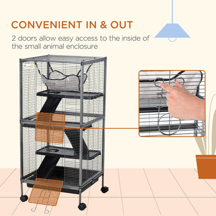 Small Animal Cage with Wheels, 4 Platforms, Hammock & Removable Tray for Chinchillas, Ferrets, Kittens - Silver/Grey