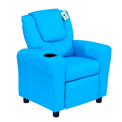 Childrens Recliner Armchair with Cup Holder and Reclining Footrest - Blue PU Leather
