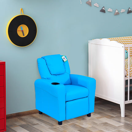 Childrens Recliner Armchair with Cup Holder and Reclining Footrest - Blue PU Leather