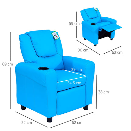 Childrens Recliner Armchair with Cup Holder and Reclining Footrest - Blue PU Leather