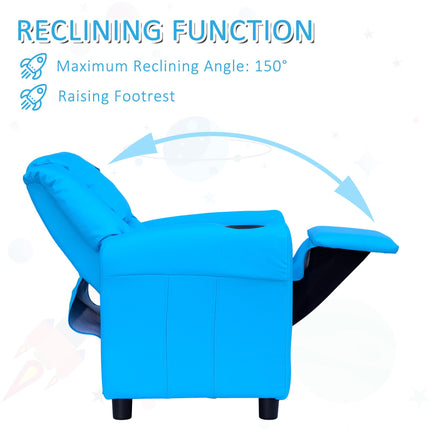 Childrens Recliner Armchair with Cup Holder and Reclining Footrest - Blue PU Leather