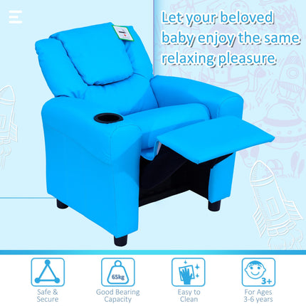 Childrens Recliner Armchair with Cup Holder and Reclining Footrest - Blue PU Leather