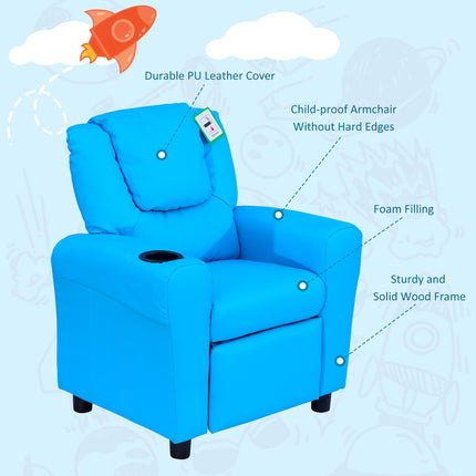 Childrens Recliner Armchair with Cup Holder and Reclining Footrest - Blue PU Leather