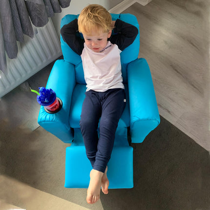 Childrens Recliner Armchair with Cup Holder and Reclining Footrest - Blue PU Leather
