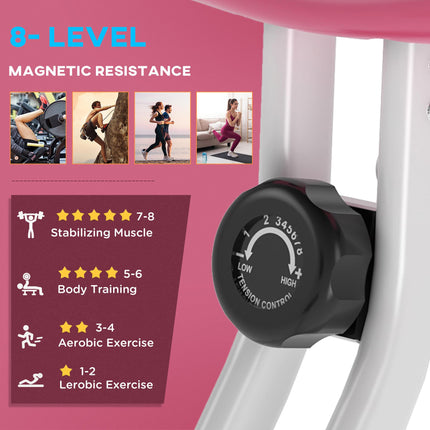 Foldable Magnetic Resistance Exercise Bike 8-Level Adjustable Seat - Pink