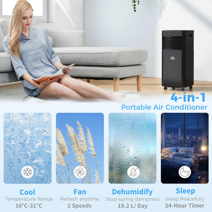 7000BTU 4-in-1 Portable Mobile Air Conditioner with Remote, LED Timer, Dehumidifier & Fan - Black