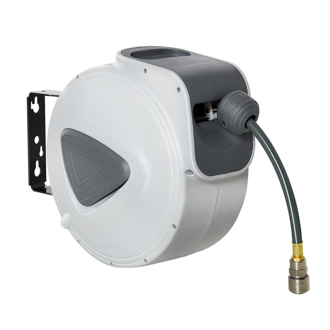 Retractable Air Hose Reel 10m + 90cm Hose 3/8" Diameter, 1/4" BSP Connector, Wall Mount Auto Rewind - Grey